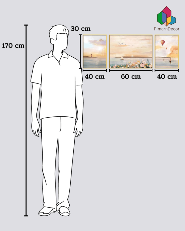 กรอบรูปและรูปภาพตกแต่ง รูปทะเลและบอลลูน 3ชิ้น สูง30CM