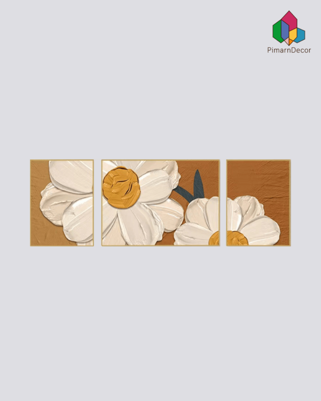 กรอบรูปและรูปภาพสำหรับตกแต่ง รูปดอกไม้สีขาว 3ชิ้น สูง30CM