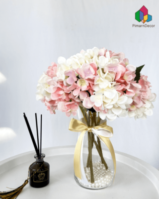 แจกันดอกไม้-สูง-12-นิ้ว-พร้อมไข่มุกและโบว์สองสี-ดอกไฮเดรนเยียร์สีชมพูขาว