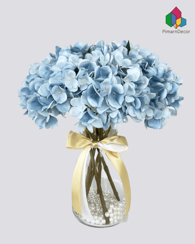 แจกันดอกไม้-สูง-12-นิ้ว-พร้อมไข่มุกและโบว์สองสี-ดอกไฮเดรนเยียร์สีฟ้า